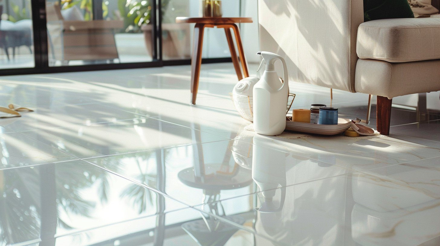 A gleaming porcelain tile floor, reflecting natural light